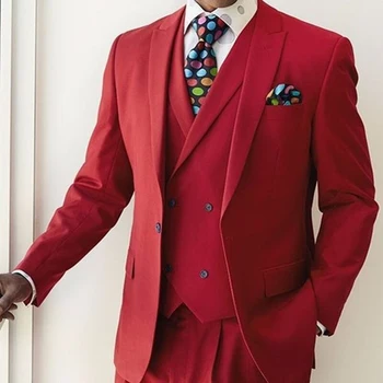 Красные Официальные мужские костюмы, 3 предмета, Свадебный Смокинг для выпускного вечера, Куртка с брюками, жилет, Новый Мужской Модный Африканский костюм на заказ