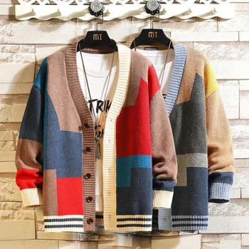 Красочные те новые мужские свитер cardian splicin V-образным вырезом свитер размер ларэ куртка