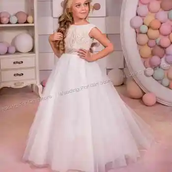 Кружевные Платья Принцессы с цветочным Узором для Девочек 2024 Бальное Платье Для Причастия, Белые Платья Для маленьких девочек, Халат Mariage Enfant Fille