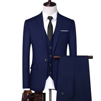 (Куртка + жилет + брюки) Корейский приталенный однотонный костюм на одной пуговице, комплект рабочей одежды из 3 предметов, деловой повседневный формальный элегантный мужской костюм