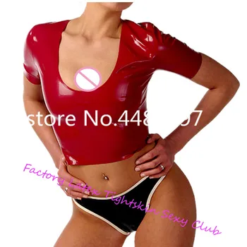 Латексная Резиновая Сексуальная Красная Рубашка С Короткими рукавами И U-образным вырезом И Черными Латексными Трусами для Женщин, сексуальные костюмы на Хэллоуин
