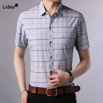 Летние стильные мужские рубашки Поло с принтом в полоску, деловые повседневные однобортные рубашки с коротким рукавом, мужская одежда