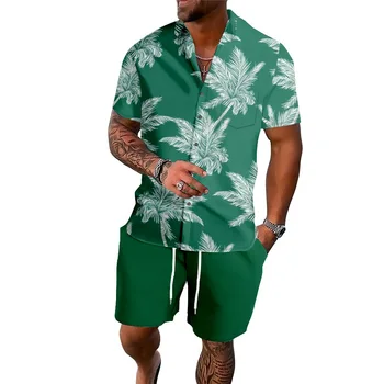 Летний Мужской повседневный комплект с цифровым принтом листьев на Гавайях, мужская одежда