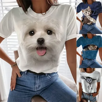 Летняя женская футболка с короткими рукавами и круглым вырезом с животным принтом, женские модные повседневные универсальные футболки для пригородных поездок