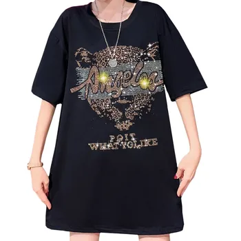 Летняя Модная Уличная одежда, Черная женская футболка, Горячая футболка со стразами в стиле Харадзюку, футболки с леопардовой головой, Топы с короткими рукавами, женские