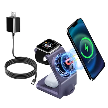 Магнитная подставка для беспроводного зарядного устройства 3 в 1 для iPhone 14 13 12 Pro Max, Apple Watch Airpods, док-станция для быстрой беспроводной зарядки мощностью 15 Вт