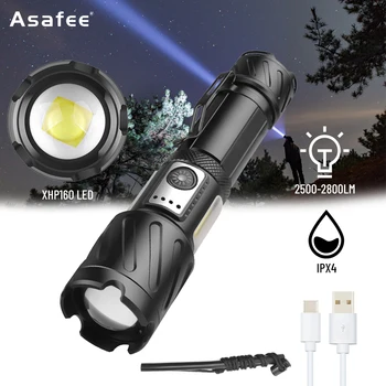 Многофункциональный светодиодный фонарик Asafee XHP160 с сильным светом, USB-зарядка с клипсой и зумом, Тактический Фонарь для ремонта походных работ