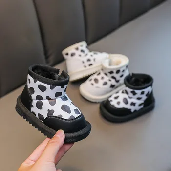 Модные леопардовые детские зимние ботинки для мальчиков, Первые ходунки на мягкой подошве, Хлопковая обувь для малышей, толстый ботинок