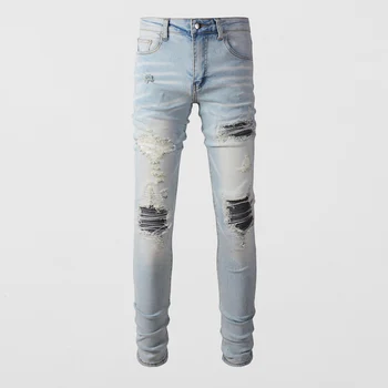 Модные мужские джинсы в стиле Хай-стрит, Ретро Светло-голубые Эластичные Облегающие Рваные джинсы, Мужские дизайнерские брюки в стиле хип-хоп бренда Hombre