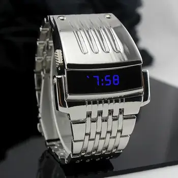 Модный синий светодиодный дисплей С широким ремешком из нержавеющей стали, мужские цифровые наручные часы в Подарок