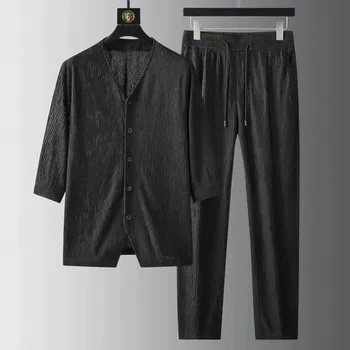 Мужская осенне-зимняя рубашка, брюки, комплект из двух предметов, однотонные брюки без воротника