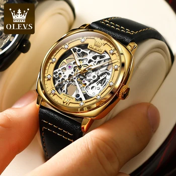 Мужские автоматические часы OLEVS, часы с автоподзаводом в виде скелета, с черным кожаным ремешком, роскошные светящиеся водонепроницаемые наручные часы