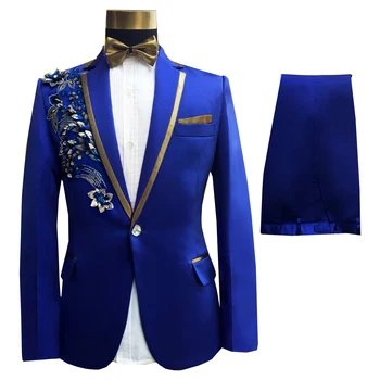 Мужские Костюмы С блестками Королевского синего цвета, костюм из 2 предметов, Приталенный Смокинг с лацканами на одной пуговице Для вечеринки, Свадебного Банкета (Блейзер + брюки)