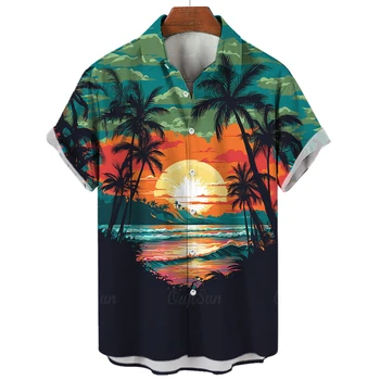 Мужские рубашки из кокосовой пальмы с 3D печатью Высококачественная Мужская Одежда Летние Повседневные Рубашки с короткими рукавами Оверсайз Топы для пляжных вечеринок
