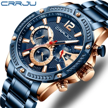 Мужские часы CRRJU, мужские часы из нержавеющей стали, лучший бренд, модный хронограф, Календарь, кварцевые мужские часы reloj hombre