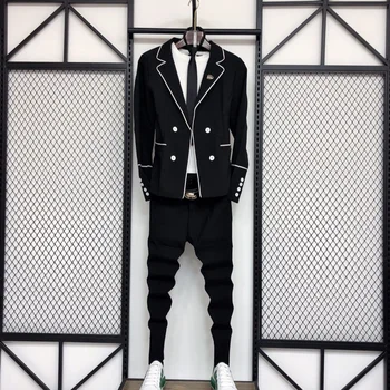 Мужской блейзер, костюм, комплект брюк, Мужское приталенное платье для выпускного вечера, деловой блейзер, мужская куртка с брюками, комплекты из двух предметов, черный