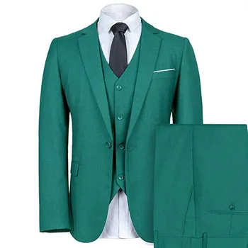 Мужской зеленый приталенный костюм с вырезом на одной пуговице, 3 предмета в комплекте, Блейзер, Смокинг, жилет и брюки