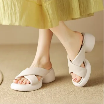Мягкая и удобная однотонная верхняя одежда с перекрестным поясом, женская летняя новая однотонная обувь, тапочки на толстой подошве и высоком каблуке roun