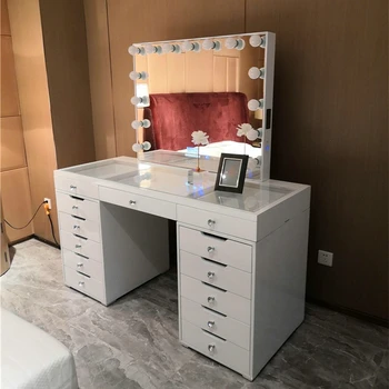 На складе в США Комплект Мебели для Спальни Queen Modern Туалетный Столик с Подсветкой и Столиком Белый Комод с 13 Выдвижными ящиками