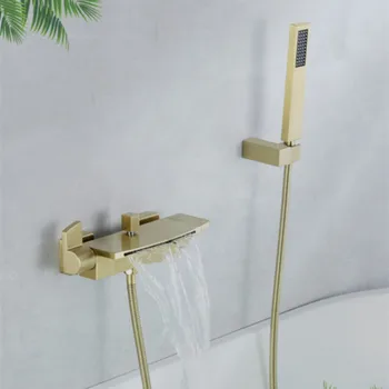 Набор Для душа Для ванны, настенная щетка для ванной комнаты с двойной ручкой, золотой водопадный смеситель для ванны, литье из цельной латуни, экономия воды