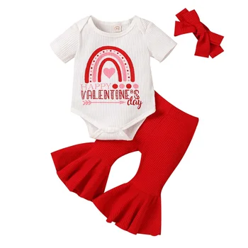 Наряд на День Святого Валентина для маленьких девочек, Белый комбинезон с коротким рукавом и принтом в виде сердечной стрелки + Красные расклешенные брюки + Комплекты одежды с повязкой на голову