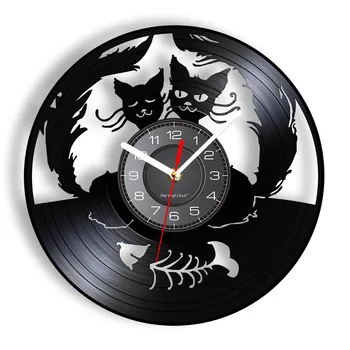 Настенные часы Cats in Love, 2 Виниловые пластинки для кошек, часы для творчества, влюбленные животные, кошки и декоративные настенные часы из рыбьей кости