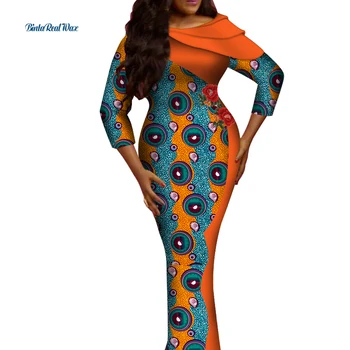Новая Африканская Одежда Bazin Riche, Длинные Прямые Платья с Африканским Принтом для Женщин, Осеннее Платье из 100% Хлопка с Каскадным Воротником, WY523