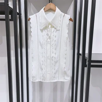 Новая женская однотонная блузка без рукавов с 3D волнистым краем 2023, Летняя женская однобортная рубашка с отложным воротником