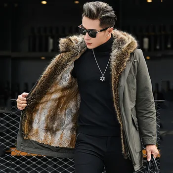 Новая Зимняя куртка, Мужское пальто, подкладка из натурального меха Норки, Большой воротник из меха енота, Съемные парки, Модные Теплые