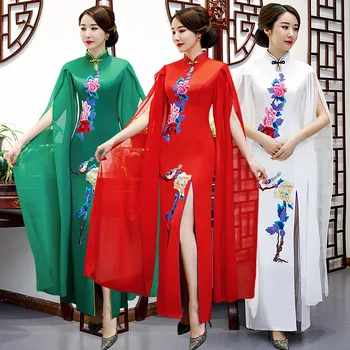 Новинка, Новая накидка с вышивкой в китайском стиле, сценическое шоу Cheongsam, Свадебное вечернее платье, Женское платье с воротником-стойкой Qipao