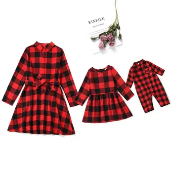 Новогоднее Красное Клетчатое платье для мамы и Дочки с длинными рукавами, Одинаковая одежда Для Семьи, Детский Комбинезон 