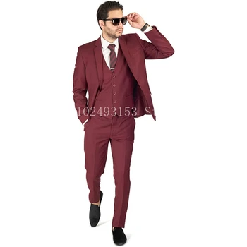 Новое поступление 2023, Бордовый Мужской костюм Slim Fit, Комплект из 3 предметов, Официальная деловая одежда Жениха с зубчатыми лацканами (блейзер + жилет + Брюки), костюм Homme