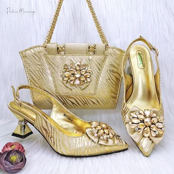 Новое поступление, итальянский дизайн, золотой цвет, Вечерние Свадебные женские туфли и сумка В комплекте, украшенные стразами и металлической цепочкой
