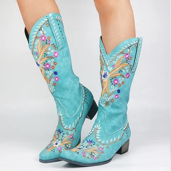 Новые женские ботинки в западном стиле, модные винтажные ковбойские сапоги с острым носком, Высококачественные женские сапоги с этнической вышивкой на массивном каблуке 43 Размера