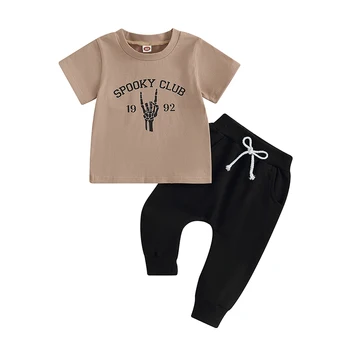 Одежда для маленьких мальчиков на Хэллоуин, футболки с короткими рукавами и длинными штанами с буквенным принтом руки скелета, комплект одежды из 2 предметов