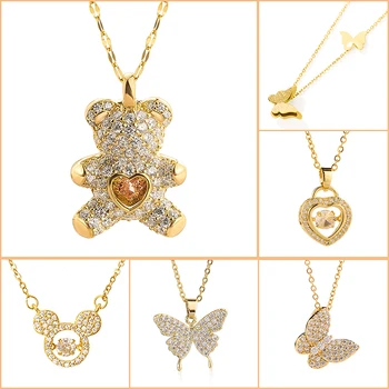 Ожерелья с подвесками из нержавеющей стали для женщин, подарок на Хэллоуин для девочки, ювелирные изделия, Золотой Медведь, бабочка, Микки, сердце, Шейная цепочка, Колье
