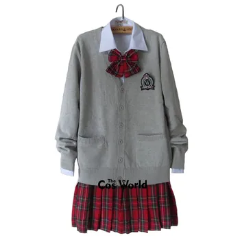 Опрятный стиль, студенческий класс, Японская школьная форма JK, Зимний серый кардиган с V-образным вырезом, Красная клетчатая плиссированная юбка, Рубашка, костюмы