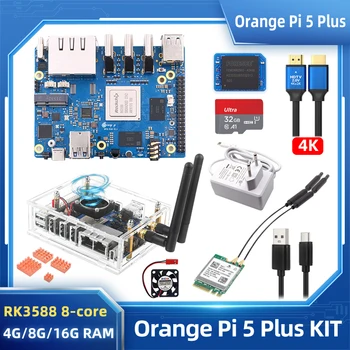 Оранжевый Pi 5 Plus RK3588 4, 8, 16 ГБ оперативной памяти, 2,5 Г, Двойной порт Ethernet, расширение PCIe, Дополнительный корпус, Вентилятор, Блок питания WiFi6 BT, OPI5 Plus