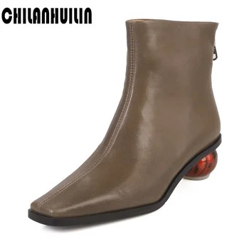 осенне-зимние ботинки на молнии, женские ботильоны из натуральной кожи на высоком круглом каблуке ручной работы, женские пинетки, уличная обувь botas mujer