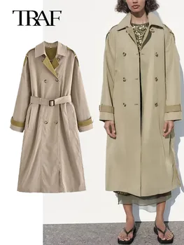 Осеннее пальто TRAF 2023, Женский Модный Новый Повседневный тренч с длинными рукавами и поясом, Пальто, Женская Верхняя одежда