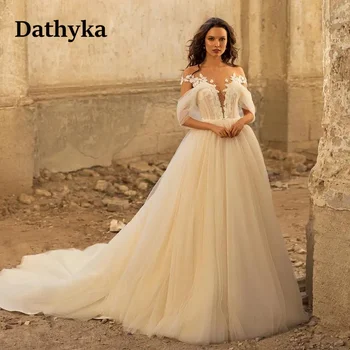 Очаровательные свадебные платья Dathyka с круглым вырезом 2023, иллюзия невесты с открытыми плечами, тюлевые аппликации трапециевидной формы с открытой спиной, Vestidos De Novia