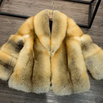 Пальто из цельного меха 2023, Зимняя новая куртка из натурального лисьего меха с длинным рукавом и большим воротником