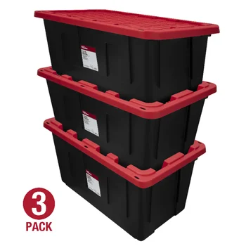 Пластиковый контейнер для хранения с защелкивающейся крышкой на 40 галлонов, черный с красной крышкой, набор из 3 ящиков-органайзеров