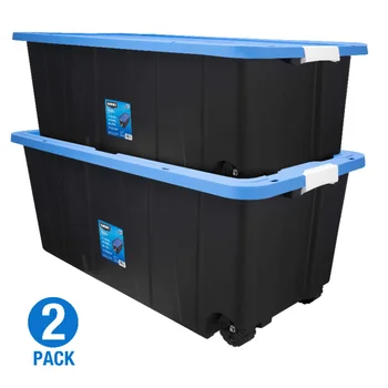 Пластиковый Контейнер для хранения на колесиках HART объемом 50 галлонов, черный с синей крышкой, коробка для хранения, органайзер, коробка для хранения, набор из 2 предметов