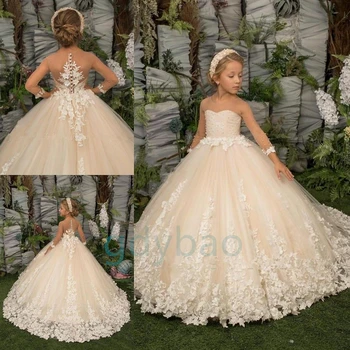Платье с цветочным узором и кружевной аппликацией для девочек, Детские платья для свадебной вечеринки, Новая Детская одежда, Платье Принцессы Для Первого Причастия