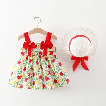 Платья для маленьких девочек 2022, Летняя Новая детская одежда, Юбка на подтяжках с бантом и цветами + Соломенная шляпа, 2 предмета