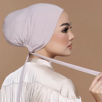 Повязка на голову со шнуровкой, Мусульманский Мягкий Хлопковый внутренний Хиджабы, Тюрбан, Женская Модальная однотонная исламская косынка