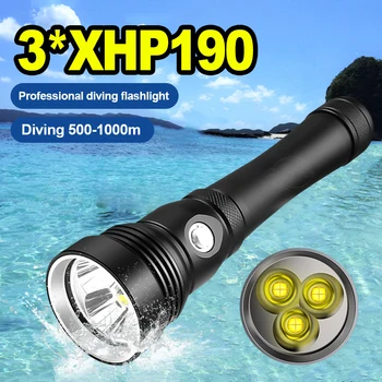 Профессиональный фонарик для дайвинга, Подводное плавание, 3 * XHP190, светодиодный фонарь, Сильная подводная вспышка, Водонепроницаемый ручной светильник