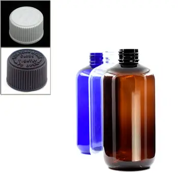 пустые круглые пластиковые бутылки boston объемом 250 мл, голубая/янтарная/ прозрачная ПЭТ-бутылка с белыми / черными крышками, защищающими от детей