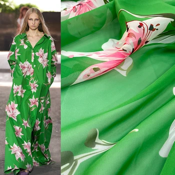 Роскошная брендовая полиэфирная шифоновая зеленая ткань с принтом, тонкая прозрачная одежда, Женские рубашечные ткани, Ткань для платья на метр